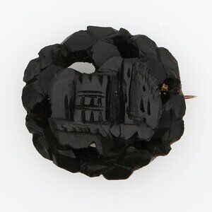 Victorian Irish Bog Oak Brooch, Ross Castle Carving With Shamrock Border 1860s